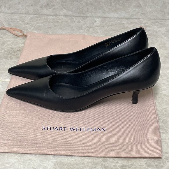 Stuart Weitzman Kitten Heels Pumps 6B Black Smooth Leather Pointed Toe Shoes - Picture 1 of 14